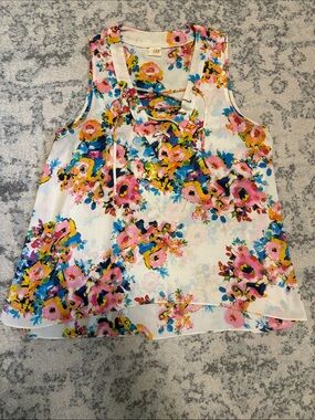 Pink Owl Floral Lace-Up Tank Top — Pink, Blue, Yellow